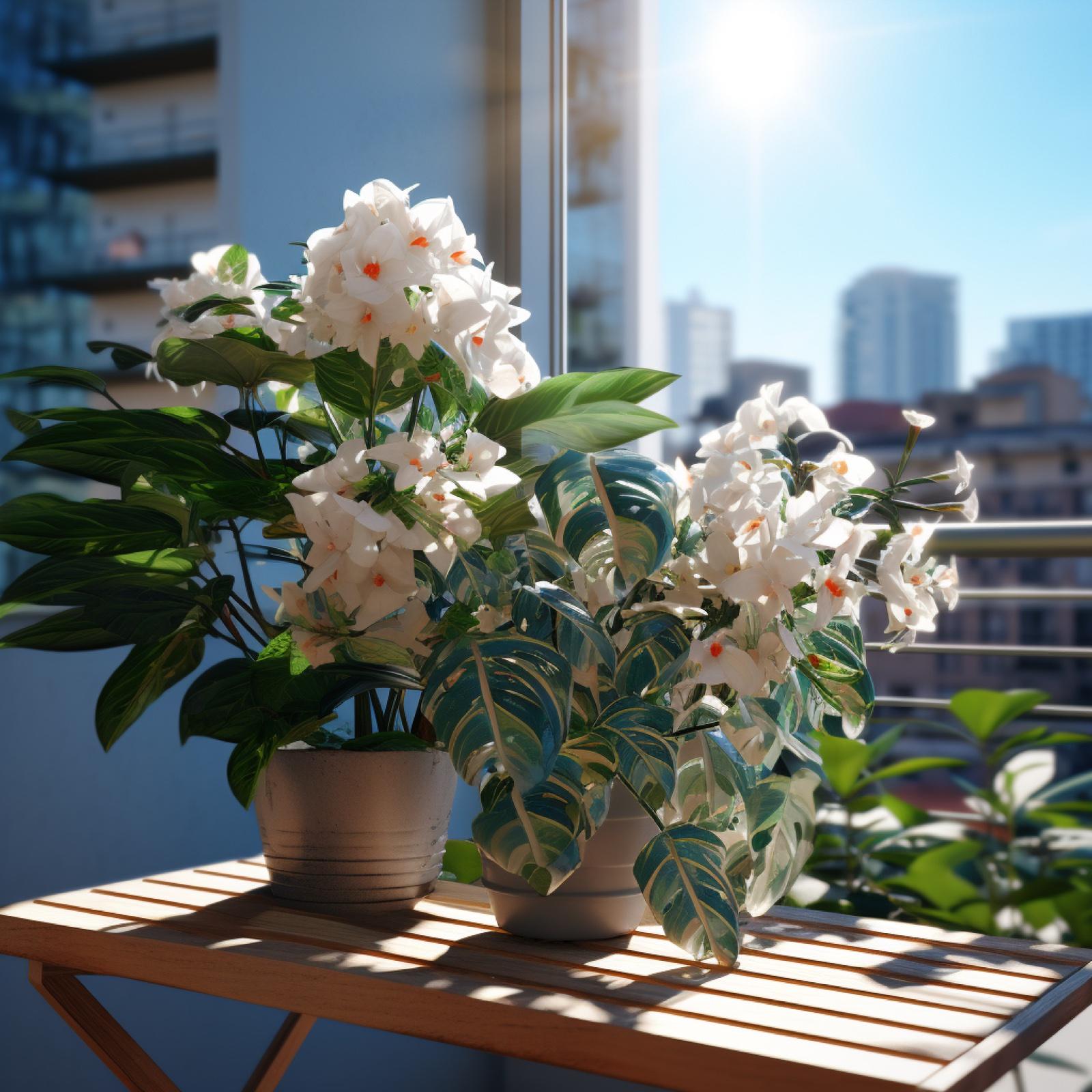 Flowering plants on a sunny apartment balcony table overlooking the city