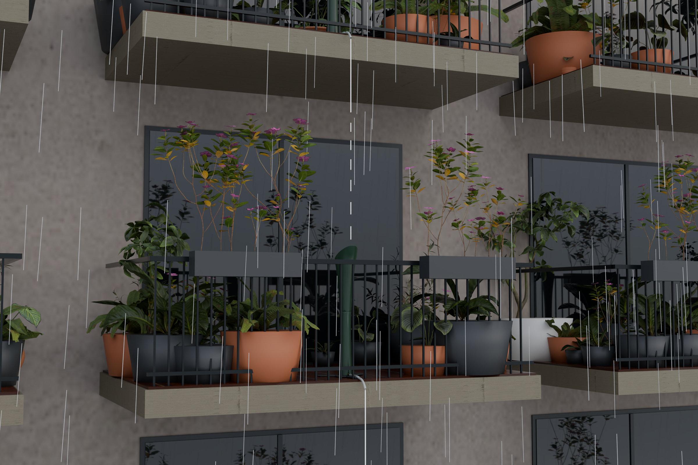 Overflow from the RainBloom upstairs trickling into the funnel of the unit on the balcony below