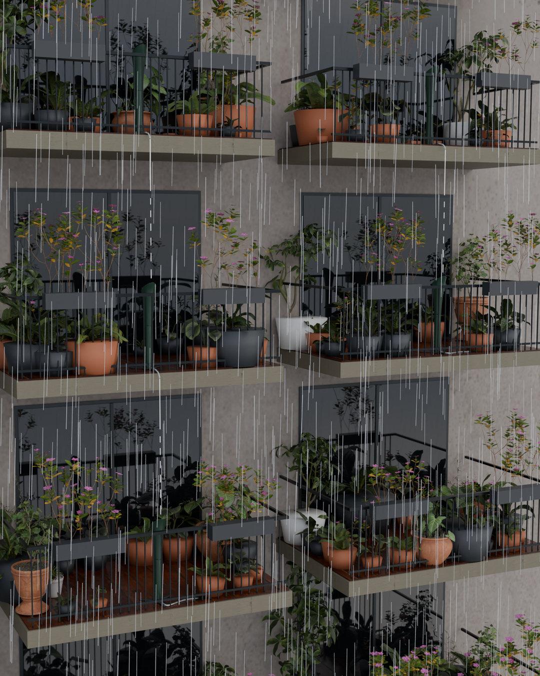 RainBloom units on terraced apartment balconies in the rain, each overflowing into the one below