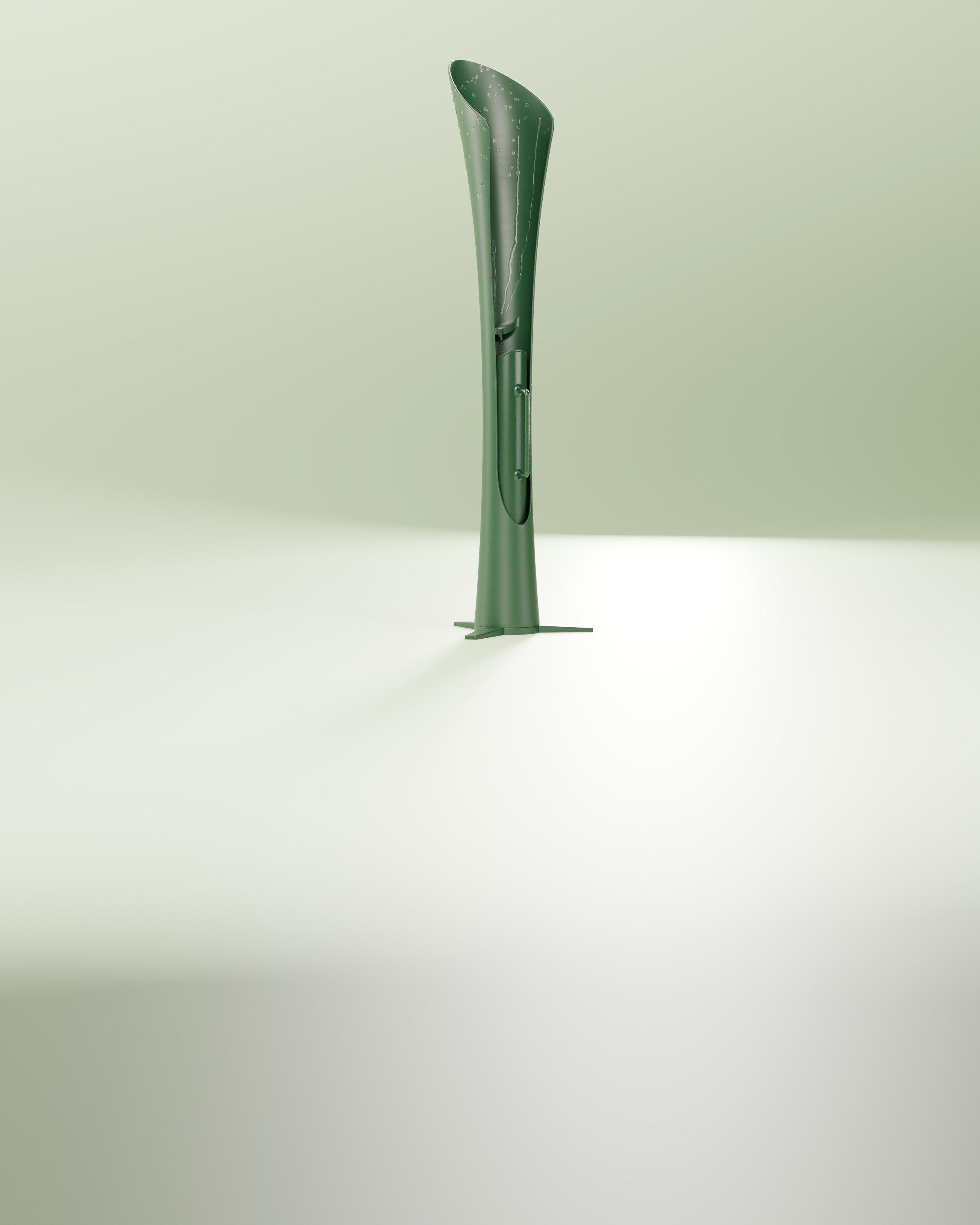 The RainBloom rainwater collector, with raindrops on its funnel