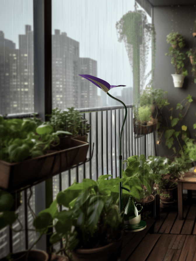 RainBloom Ultra standing among plants on a city balcony