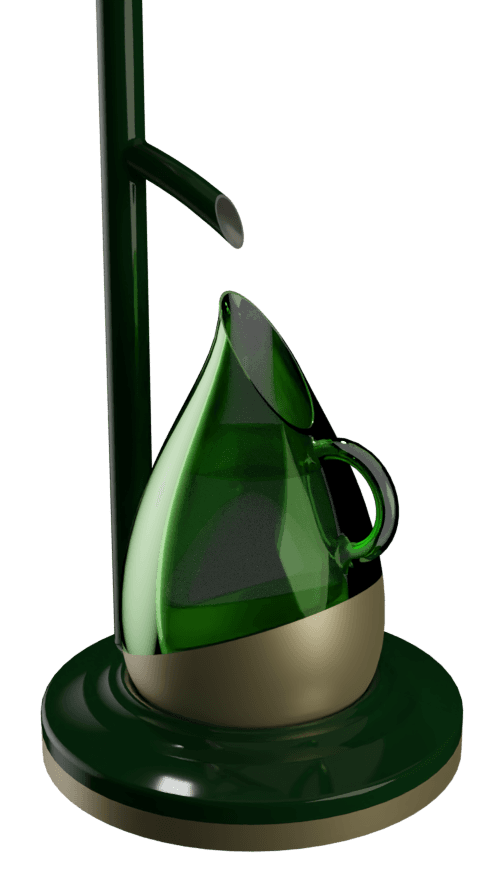 The RainBloom Ultra teardrop pitcher nested in its weighted base
